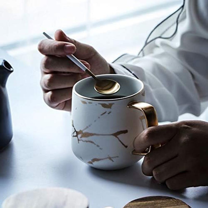 Eplze YBK Tech Porcelain Tea Cup Coffee Mug Set for Afternoon Tea - Marble Pattern (White, Tall 400ml + wood lid) - Image 5